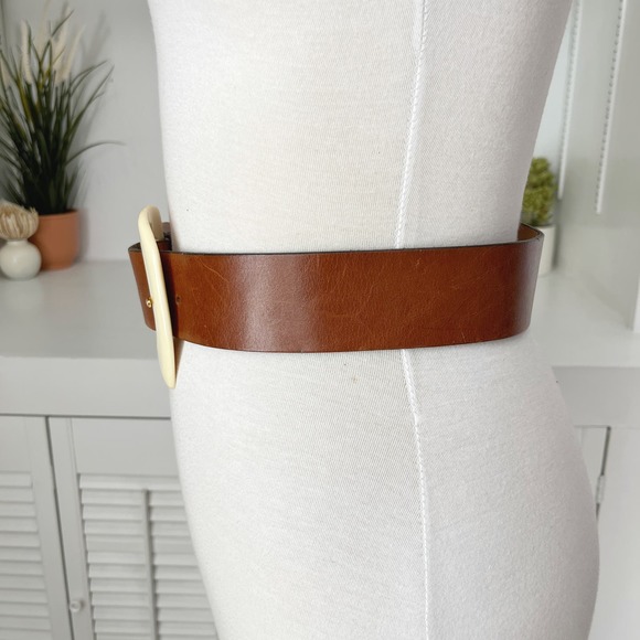 Vintage Doppia Vita Italy Brown Leather Acrylic Buckle Wide Belt - Picture 3 of 7